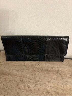 Black Faux Snakeskin Foldover Clutch